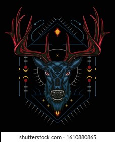 Vector Deer head illustration with ornament design on the dark background in serious face. T shirt design, Logo, mascot, wall decoration.