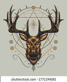 Vector Deer head illustration with ornament design in serious face. T shirt design, Logo, mascot, wall decoration.