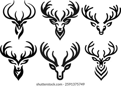 Vector Deer Head Logo Set—Stylized Black and White Antler Designs