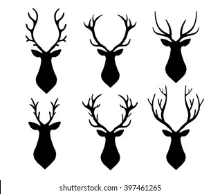 Vector deer head long horned silhouette set. Different horn shape. Web design, page sight poster banner print advertisement, phone case, t-shirt element