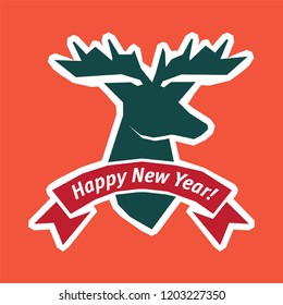 Vector deer head with ribbon greeting happy new year. Festive illustration in flat style. Greeting card with a new year. Colorful illustration with simple design.
