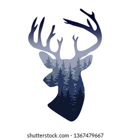 Vector deer head silhouette with misty forest in it - wild nature