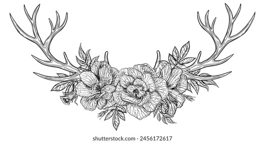 Vector deer Horns with rose flowers. Hand drawn floral linear illustration of Antlers and plants for greeting cards or invitations in boho style. Bohemian drawing with tribal sign in outline style.