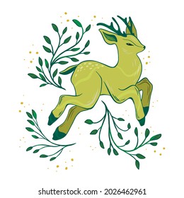 Vector deer in leaves and twigs.