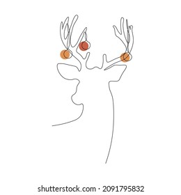 Vector deer in line art style. Deer with Christmas decorations hanging on the antlers.