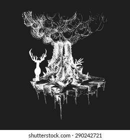 Vector deer on island from rocks and volcano with monster's hand, Abstract fantastic with effect of chalk