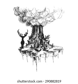 Vector deer on island from rocks and volcano with monster's hand, Abstract fantastic
