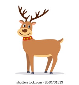 Vector deer on square white background, illustration of reindeer with bells