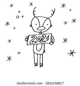 Vector deer on a white background with the inscription 2021. Suitable for printing textiles, cards, invitations. Snowflakes surround the deer.