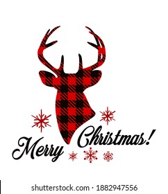 Vector Deer Reindeer Head Silhouette Drawing Illustration With Antlers.Snowflakes.Red Black Gingham Lumberjack Tartan Checkered Plaid Pattern Background Texture.Merry Christmas Lettering.Gift 