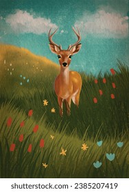 Venado vector o ciervo de huevo en un prado con flores. Animales forestales de bosques. Ilustración digital dibujada a mano, hierba alta verde Dibujo gráfico, infantil lindo, textura Para usar en tejidos de diseño impresiones, salvaje 