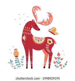 Vector deer in scandinavian style. Folk forest animal. Reindeer in nordic style. Folklore woodland character. Isolated on white background. 