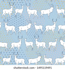 Vector deer seamless pattern drawing. Stag, doe, deer hand drawn illustration. Dots background.