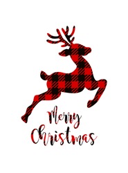 Vector Deer Silhouette Drawing Illustration With Buffalo Red Black Gingham Lumberjack Tartan Checkered Plaid Pattern Background Texture.Merry Christmas Lettering.Gift Card With Reindeer.Winter Decor.
