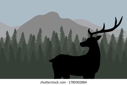 Vector deer silhouette in flat landscape with spruce tree forest and mountains