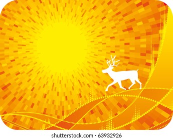 Vector deer silhouette with yellow shine background