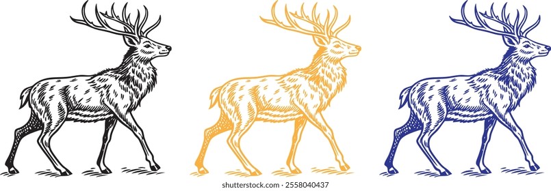 A vector of a deer standing gracefully with its large, branching antlers. Fine details in the fur and an elegant stance.