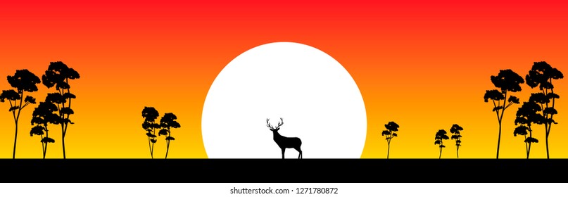 vector deer in the sunset illustration, trees and setting sun