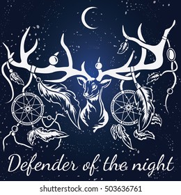 Vector deer. White silhouette. Dream catcher.