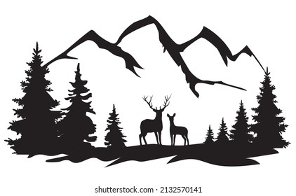 vector deer in the wilderness, mountains background. 