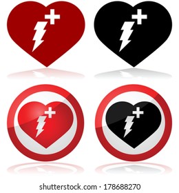 Vector defibrillator icon set showing a heart with a lightning and a cross inside it