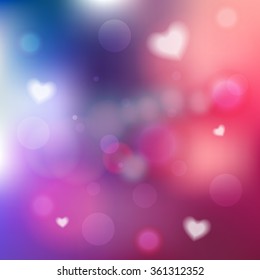 Vector Defocused background. Bokeh with lights and hearts