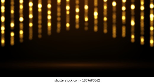Vector defocused golden light effect. Glowing bokeh lights on black background. Festive backdrop with gold glittering.