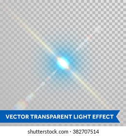 Vector Defocused Shining Ray Of Light. Twinkling Sunlight Spark. Bright Glaring Light Flash With Lens Flare Optical Effect Isolated On Transparent Background