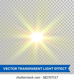 Vector Defocused Shining Sun Ray Of Light. Twinkling Sunlight Spark. Bright Glaring Light Flash With Lens Flare Optical Effect Isolated On Transparent Background