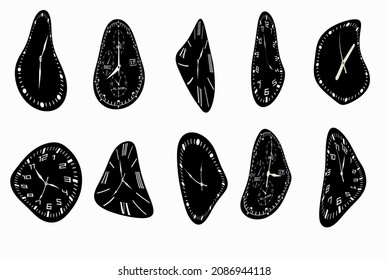 Vector deformed clocks. Dali clock, silhouette, symbols set.