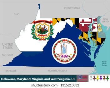 Vector of Delaware, Maryland, Virginia and West Virginia states in East Coast region of United States with their flags inside borders