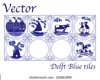 Vector Delft Blue Dutch tiles with folk pictures