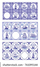 Vector Delft Blue Dutch tiles with sailships 