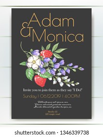 Vector delicate black invitation with strawberries and bluebells for wedding, marriage, bridal, birthday, Valentine's day. Beautiful flower composition. Hello Summer composition. 