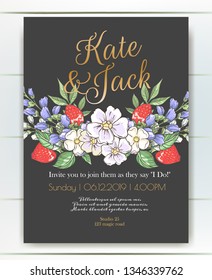 Vector delicate black invitation with strawberries and bluebells for wedding, marriage, bridal, birthday, Valentine's day. Beautiful flower composition. Hello Summer composition. 