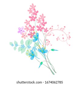 Vector delicado estilo de flor rosa azul ramo de estilo plano, en colores pastel para decorar libros, tarjetas de felicitación, impresos en ropa, álbumes, motivos y adornos. Aislado sobre fondo blanco