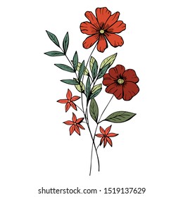 Vector delicate bouquet of red flowers and green leaves. Isolated object on a white background. Tattoo. Hand drawing style. Botanical doodling. Graphic arts.