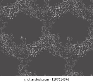 Vector Delicate Dark Decorative Seamless Background Pattern with Drawn Flowers, Florals, Branches, Roses. Hand Drawn Line Drawing Vector Illustration, with Pattern Swatch