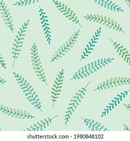 Vector delicate doodle pinnate leaves seamless pattern. Hand drawn repeat background in green colors. Surface pattern design for greeting card, wrapping, wallpaper.