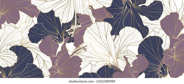 Vector delicate floral background with flowers in blue, purple and white colors and gold outline. Floral background for creating various designs, greeting cards, wedding invitations.