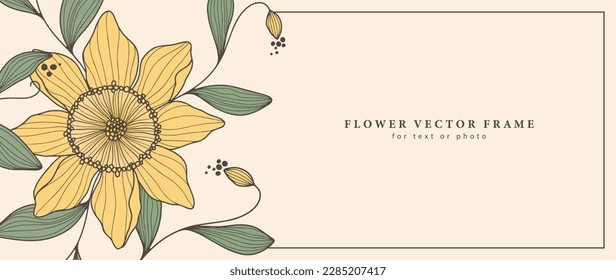 Vector delicado marco floral para foto, texto, presentaciones, diplomas, postales con una gran flor amarilla y ramas y hojas verdes