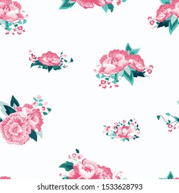 Vector Delicate Folk Roses on White seamless pattern background.