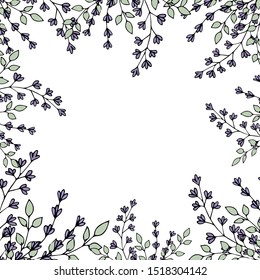Vector delicate frame of purple lavender flowers and green leaves in doodle style on a white background. Doodling. Hand drawing. Template for postcard.