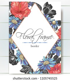Vector delicate gothic invitation with black and blue chamomile and red hibiscus for wedding, marriage, bridal, birthday, Valentine's day. Floral border with sketch colorful blossoms.Beautiful frame