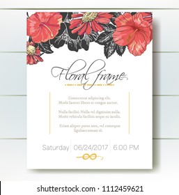 Vector delicate gothic invitation with black and red chamomile and hibiscus for wedding, marriage, bridal, birthday, Valentine's day. Floral border with sketch colorful blossoms.Beautiful frame