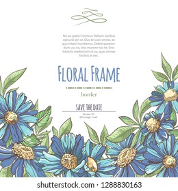 Vector delicate invitation with blue chamomile for wedding, marriage, bridal, birthday, Valentine's day. Floral border with sketch colorful blossoms. Frame with hand drawn flowers