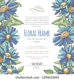 Vector delicate invitation with blue chamomile for wedding, marriage, bridal, birthday, Valentine's day. Floral border with sketch colorful blossoms. Frame with hand drawn flowers