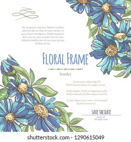 Vector delicate invitation with blue chamomile for wedding, marriage, bridal, birthday, Valentine's day. Floral border with sketch colorful blossoms. Frame with hand drawn flowers