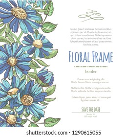 Vector delicate invitation with blue chamomile for wedding, marriage, bridal, birthday, Valentine's day. Floral border with sketch colorful blossoms. Frame with hand drawn flowers
