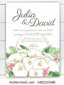 Vector delicate invitation with calla for wedding, marriage, bridal, birthday, Valentine's day. Beautiful flower composition template. Summer composition. 